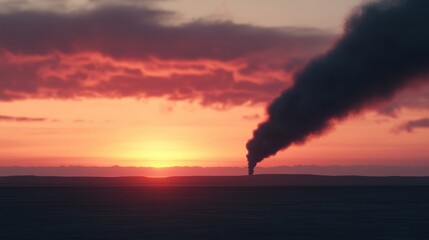 Fototapeta premium A striking sunset with dark smoke billowing against a colorful sky, highlighting the contrast between nature and industrial activity.