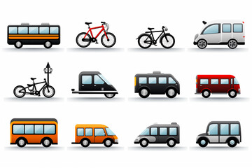 Fototapeta premium Transportation icons on a white background, symbols of mobility, travel, and logistics. Illustration