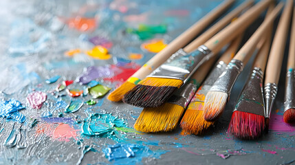 Obraz premium Colorful paintbrushes on palette, studio background, art supplies