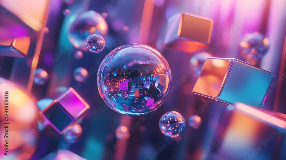 Sticker surreal abstract spheres and cubes with vibrant reflections floating in a digital space