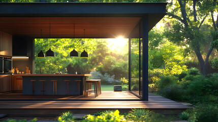 3D Illustration Modern Outdoor Kitchen Sunset Garden Greenery Architecture Design Interior Home Wooden Deck