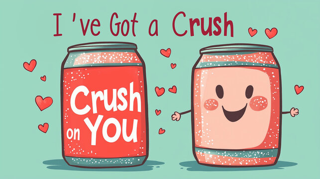 Funny Valentine's card illustration featuring soda cans with the pun "I've Got a Crush on You"