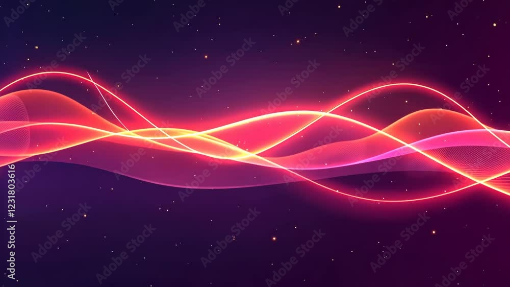 Poster A purple background with a red line. The line is curved and has a yellow hue. There are many stars scattered throughout the background