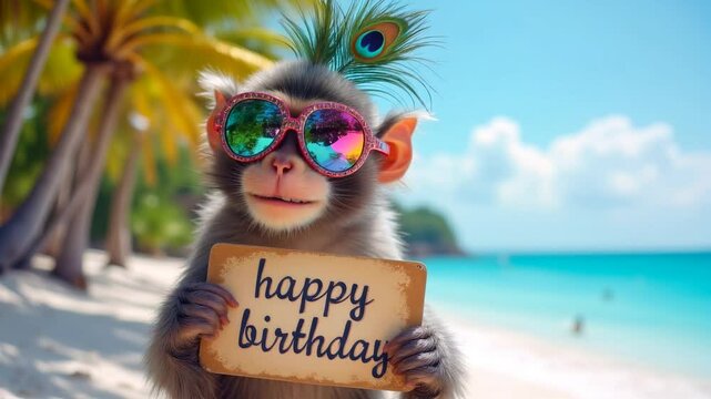 funny monkey holding happy birthday sign