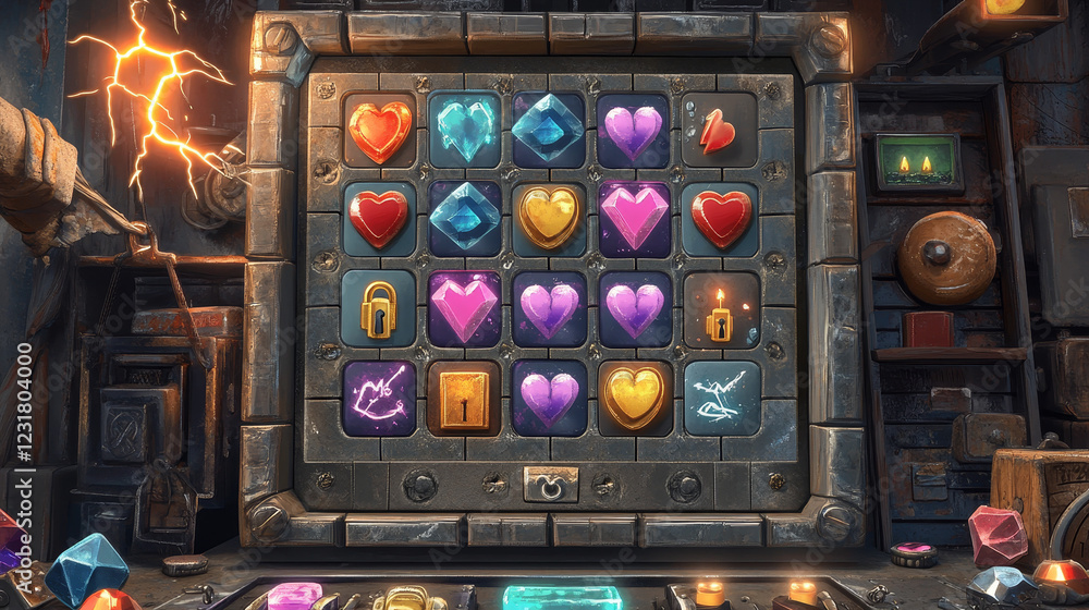 Poster computer game user interface with crystals puzzle. vector cartoon illustration of screen with colorf