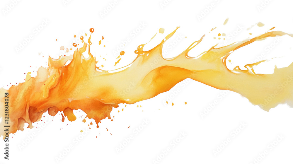 Poster an abstract watercolor painting depicting a dynamic splash of orange liquid with a glossy texture ag