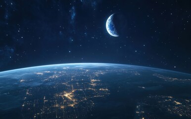 A planet with a moon and a lot of stars