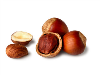 Hazelnuts in their natural state surrounded by shells on a clean, white background