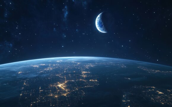 A planet with a moon and a lot of stars - Powered by Adobe
