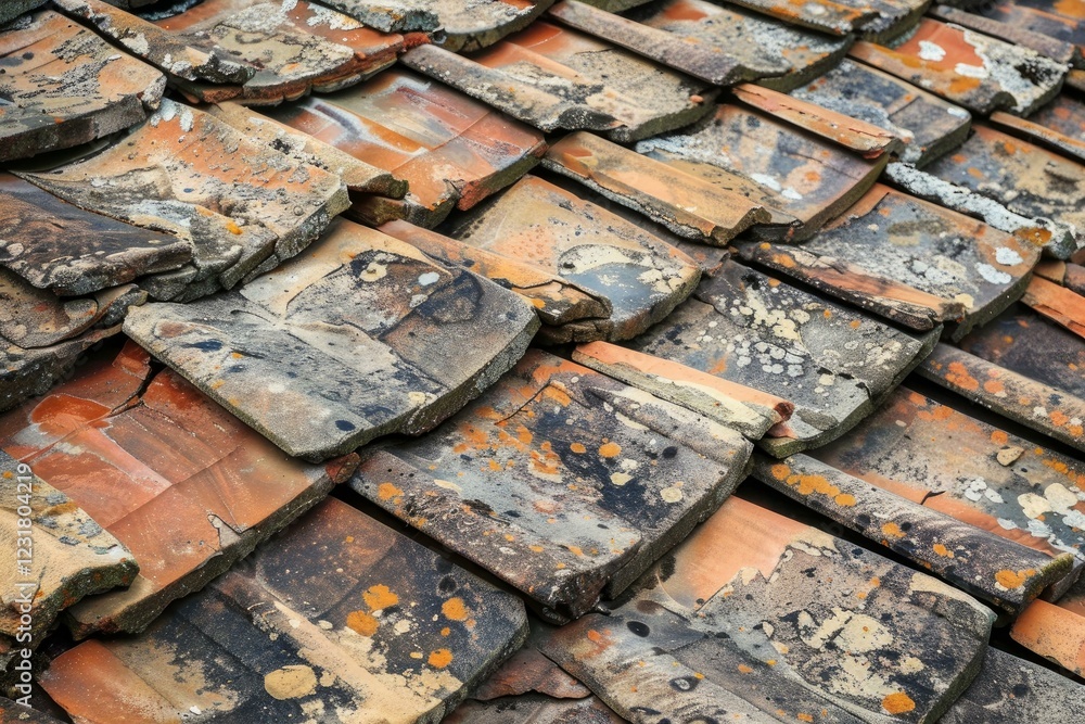 Poster close up view of weathered and worn roof tiles creating a textured background, highlighting the effe