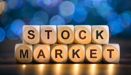 株式市場を意味する英単語のSTOCK MARCKETの文字が書かれた木製のキューブブロックが横に並んでいる。aiで生成