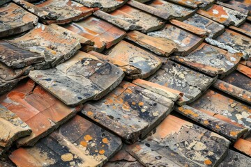 Close up view of weathered and worn roof tiles creating a textured background, highlighting the effects of time and elements