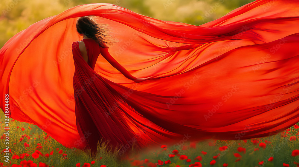 Poster beautiful flowing fabric flying in the wind. red wavy silk or satin. abstract element for design. 3d