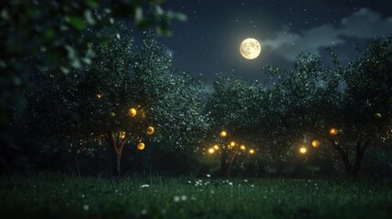 Enchanted Moonlight Orchard: Glowing Apples Under a Full Moon