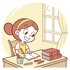 girl makes a homework. Cheerful pupil studying a lesson.