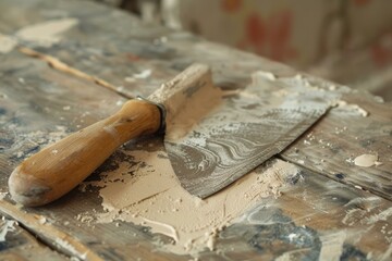 Putty knife covered in plaster lies on a wooden table at a construction site, showing signs of ongoing home repair work