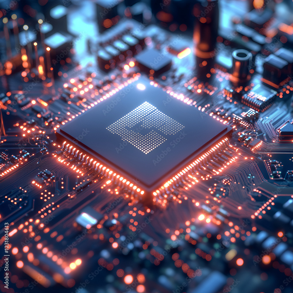 Poster central processing unit: close-up of a powerful central processing unit (cpu) glowing brightly on a 