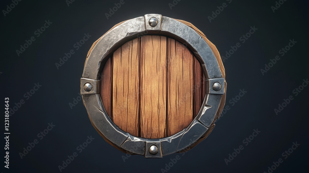 Poster medieval ui game wooden button with metal frame sprite for animation. fantasy rpg title sign design 