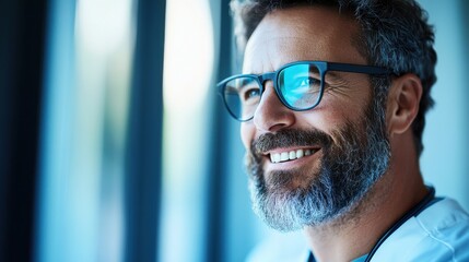 Obraz premium A smiling man with a beard and glasses, gazing thoughtfully out a window, exuding confidence and warmth.