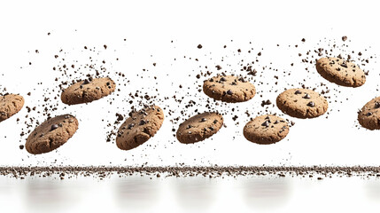 Chocolate chip cookies falling, crumbs, white background, food photography