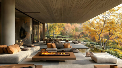 3D Illustration Modern Luxury Home Exterior Patio Autumn Landscape Design, Fire Pit, Sofa