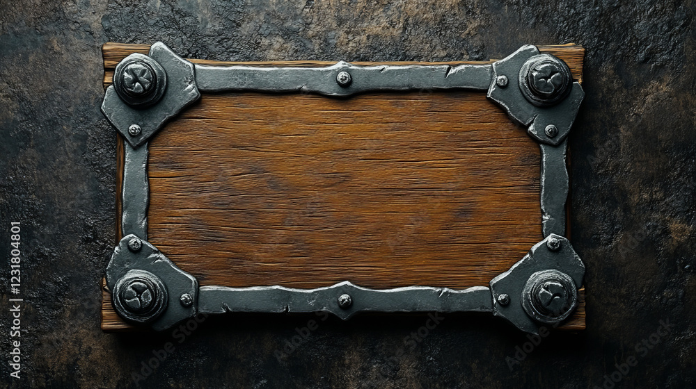 Poster medieval ui game wooden button with metal frame sprite for animation. fantasy rpg title sign design 
