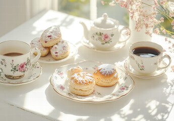 A table with a variety of pastries and a cup of coffee