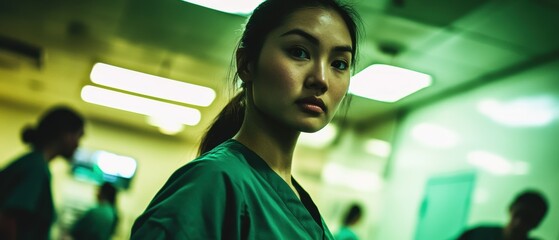 Medical professionals in a hospital setting focused on patient care and surgical procedures while wearing scrubs, engaged in a collaborative healthcare environment.