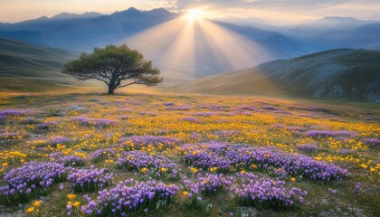 Naklejka premium Field of Dreams Sunbeams Illuminate a Meadow of Purple and Yellow Crocuses at Sunrise
