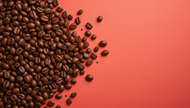 Roasted Coffee Beans on Red Background in a Flat-Lay Composition