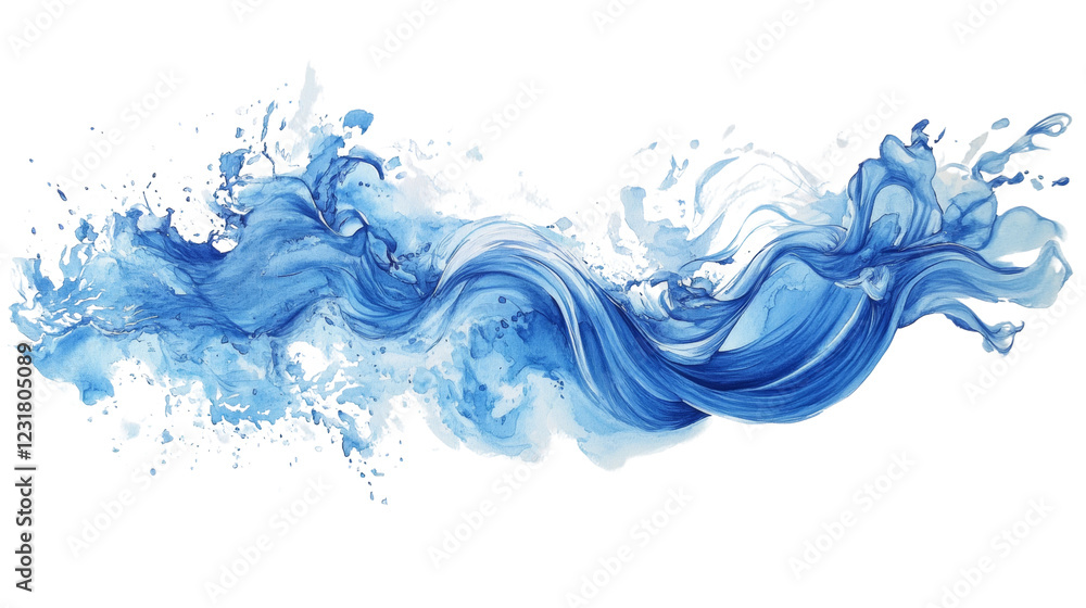 Poster an abstract painting depicts a dynamic blue wave with white splashes against a black background show