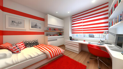 3D Illustration Modern Red and White Bedroom Interior Design, Desk, Chair, Bed, Rug