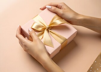 Elegant hands holding a beautifully wrapped gift box with a golden ribbon on a soft peach background