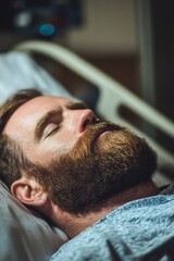 Patient resting in hospital bed with closed eyes, showcasing healthcare environment and importance of rest and recovery during medical treatment and healing process.