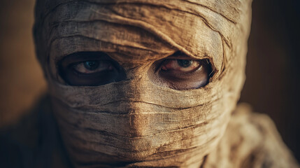 Mysterious mummy face in dramatic lighting. Suitable for ancient Egyptian themes and horror concepts.