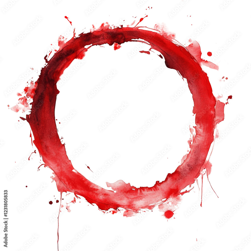 Poster the image shows an abstract watercolor painting of a red circle with splatters and drips against a b