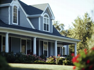 Fototapeta premium A large blue house with a white trim and a porch