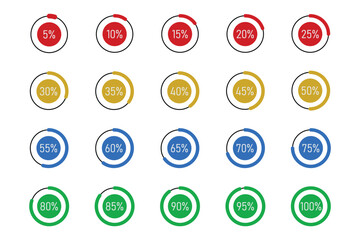 Set of circle percentage diagrams from 0 to 100 for infographics, lignt, 5 10 15 20 25 30 35 40 45 50 55 60 65 70 75 80 85 90 95 percent.