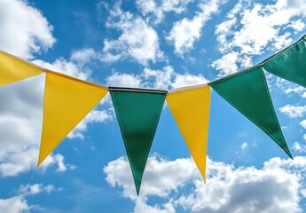 A bunch of flags are hanging in the sky, with one being yellow