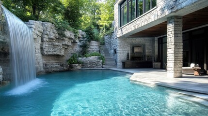 Waterfall pool luxury home backyard oasis