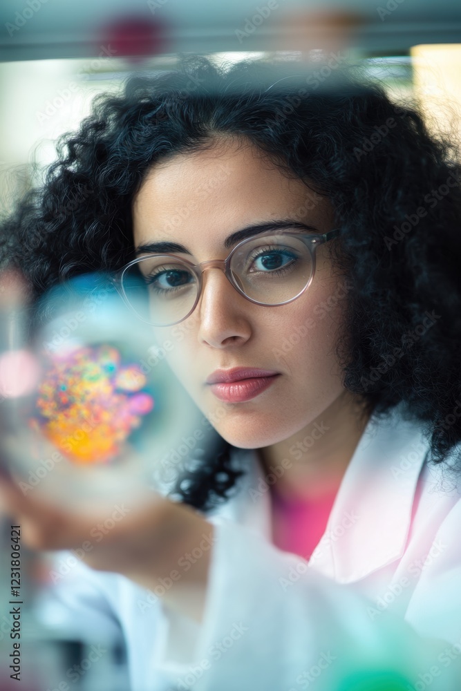 Poster researcher in laboratory examining scientific experiment with microscope and colorful samples. focus