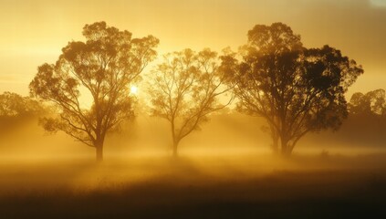 Obraz premium A field of trees with the sun shining on them
