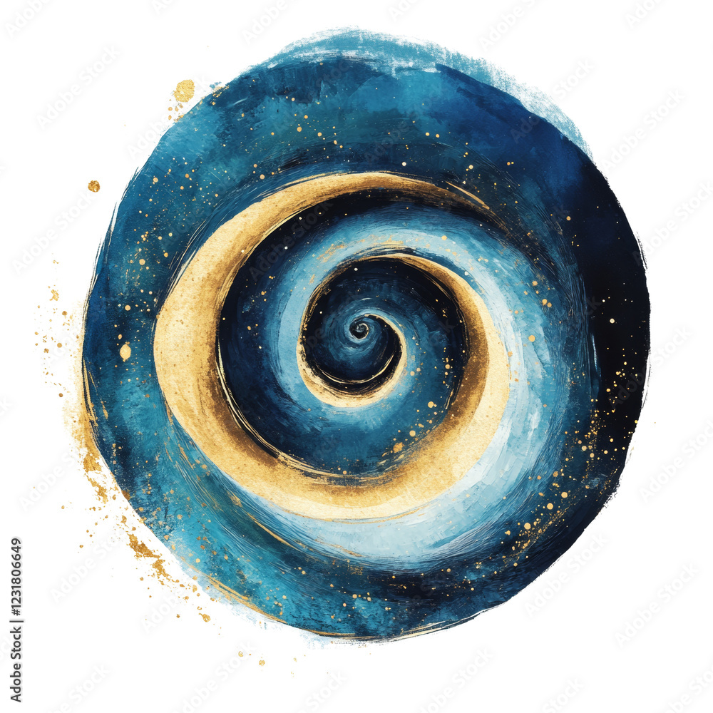 Wall mural a circular abstract painting features a swirling blue and gold spiral resembling a galaxy or cosmic 