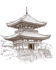 A Detailed Sketch of a Two Story Japanese Pagoda