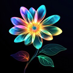 Glowing multi-colored flower illustration on dark background. For abstract floral design