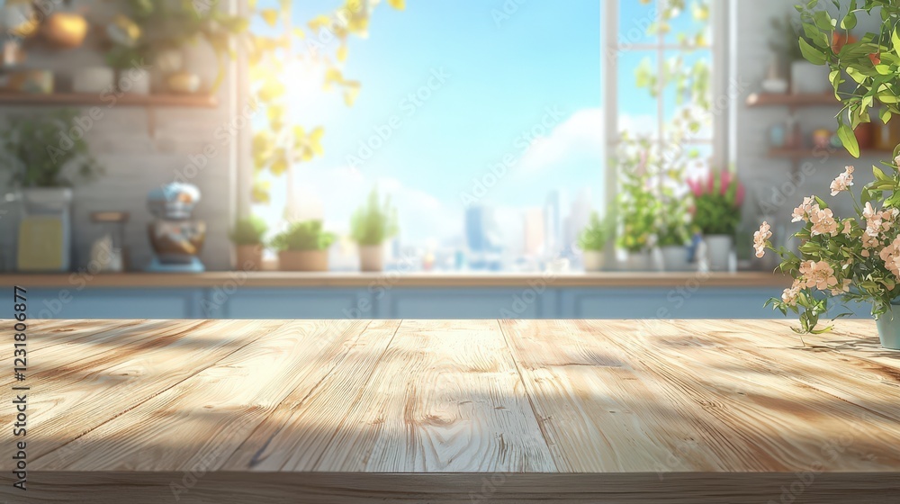 Poster light wooden table on the blurred light abstract home on defocuced spring window background