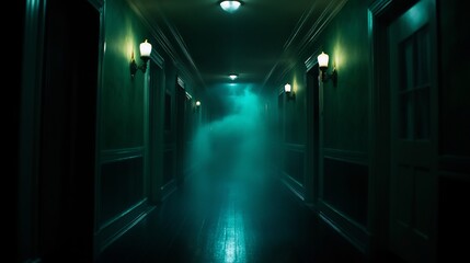 Eerie Hallway: A Mysterious and Dark Corridor Filled with Fog