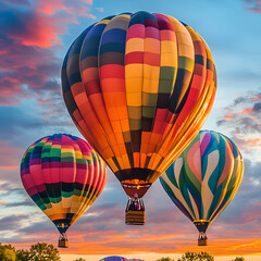 Colorful Air Balloons Soaring in Sky: Three vibrant hot air balloons float gracefully against a breathtaking backdrop of a vivid, sunset-painted sky. Each balloon.