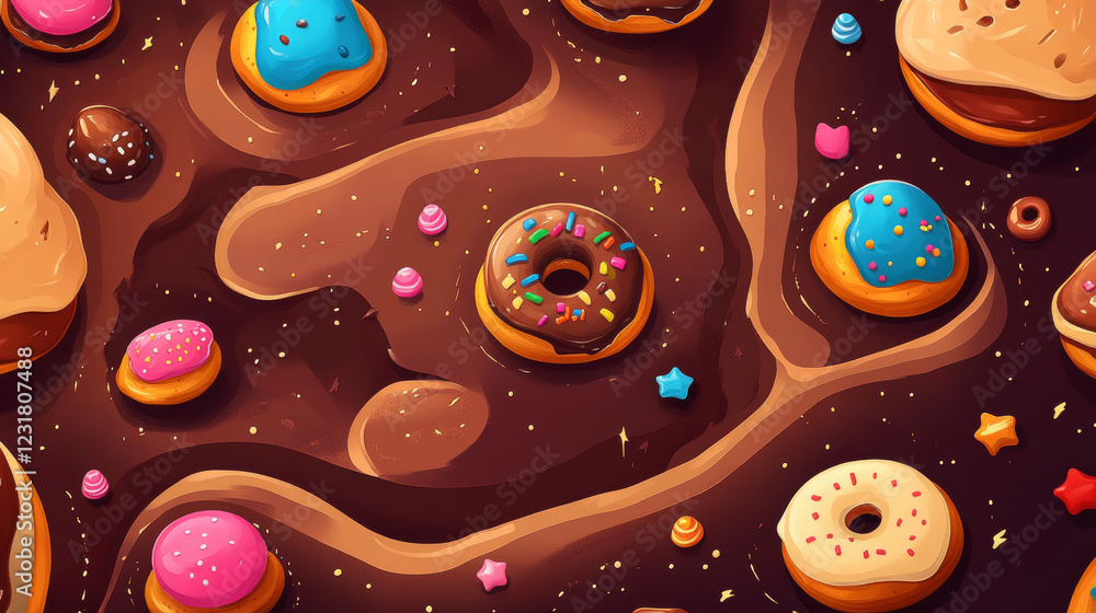 Poster candy space game level map ui illustration vector. chocolate background with food planet for fantasy