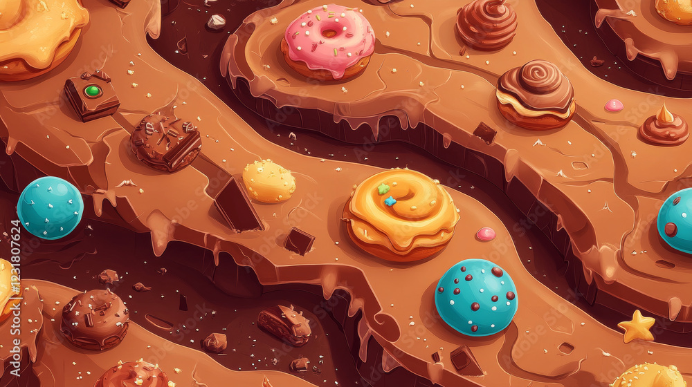 Poster candy space game level map ui illustration vector. chocolate background with food planet for fantasy